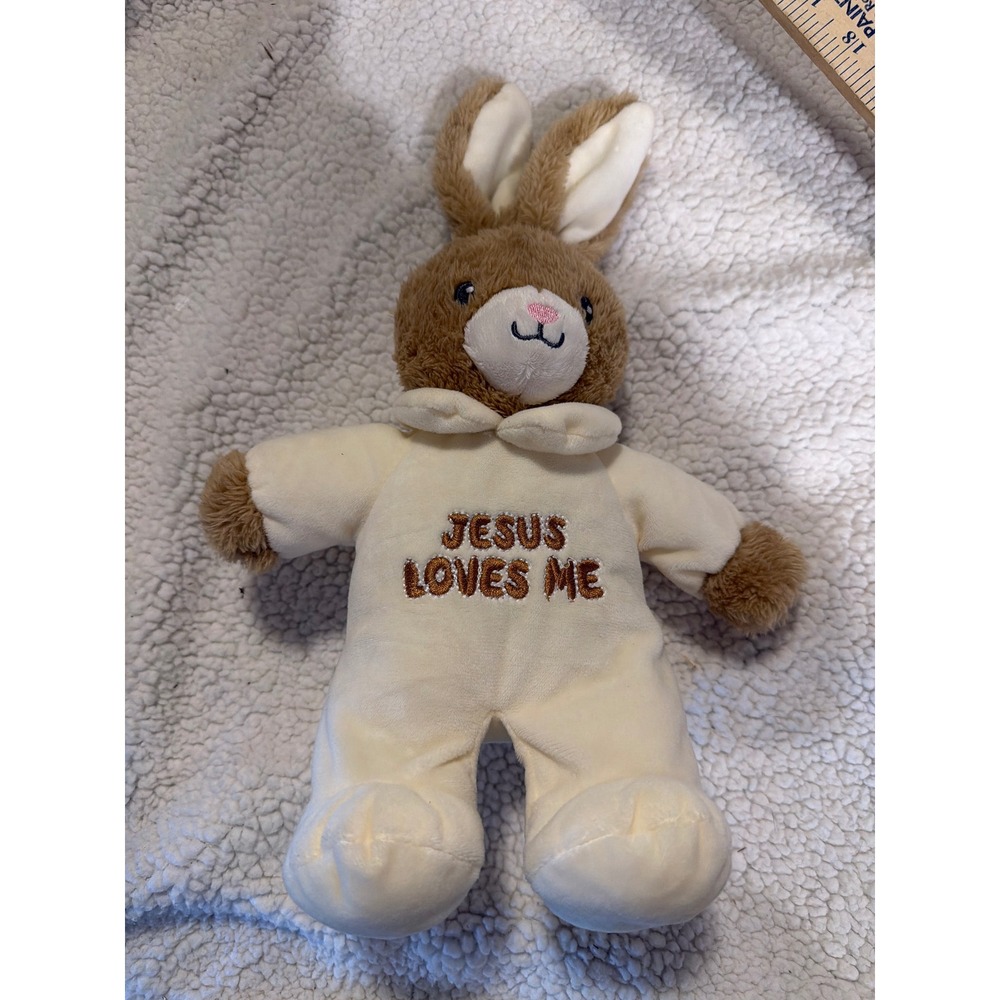MTY International Jesus Loves Me Plush Bunny Rabbit Brown Cream Stuffed Animal